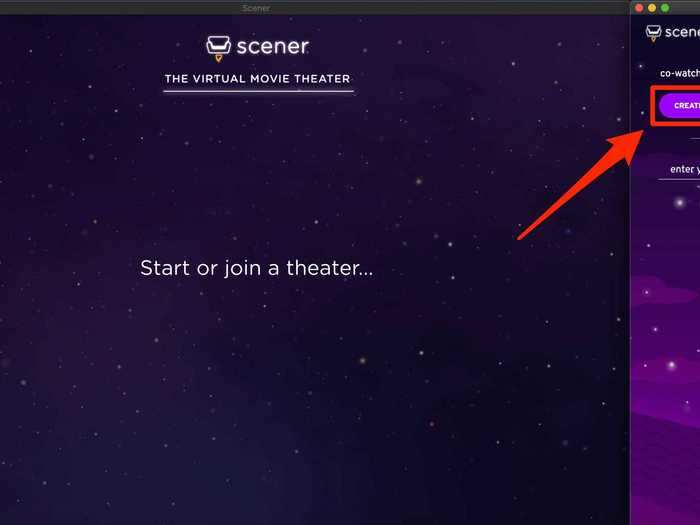Scener includes two different Chrome windows: the big one on the left is for watching your show, and the small column on the right is your navigation panel. Both windows will pop up, side-by-side, upon launch. Click "create private theater" to set up your viewing party. If you