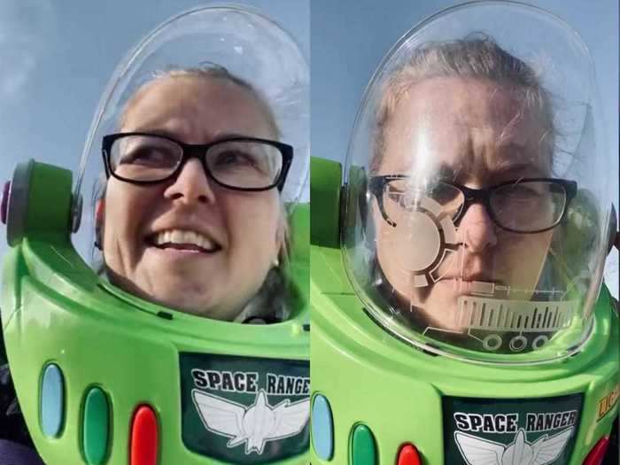 A mom made others laugh when she used a Buzz Lightyear helmet as a mask.