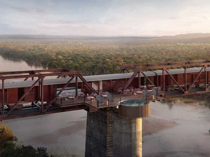 Once renovated, the Train on the Bridge will feature a central lounge car, observation deck, and pool connected to rooms by outside walkways. Dining will take place on land at the Bridge House, like it did in the early days of the railway.