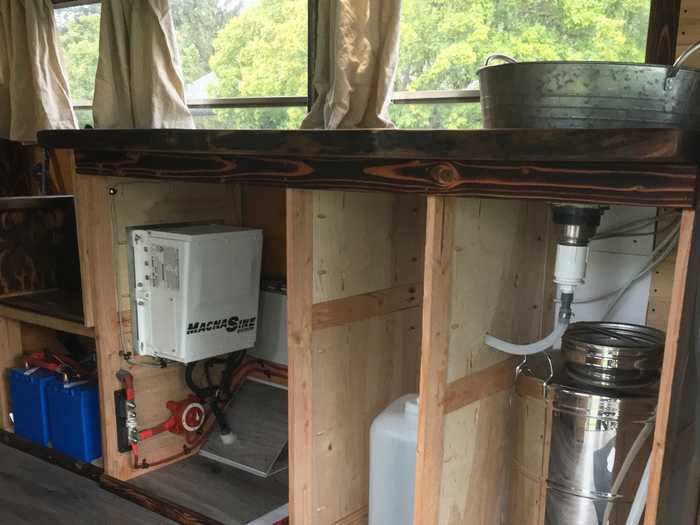 A stainless steel freshwater tank under the sink can store up to 12 gallons of water. They have portable jugs, too.