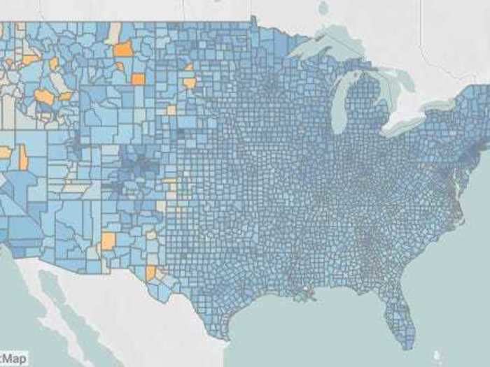 Mobility data from mid-March, when most states were instructing businesses to close and people to stay home, shows decreased mobility compared to the year prior. Orange indicates more mobility while blue indicates that more people are staying still.