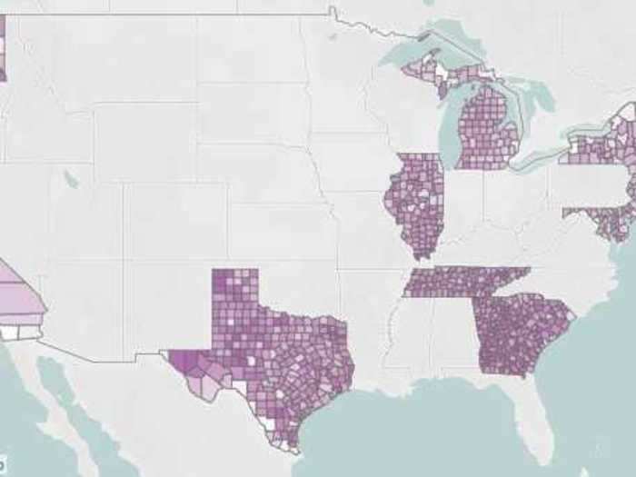 This map shows phone mobility data from states that are still shut down compared to some of the first states to reopen. Darker purple indicates higher average mobility.