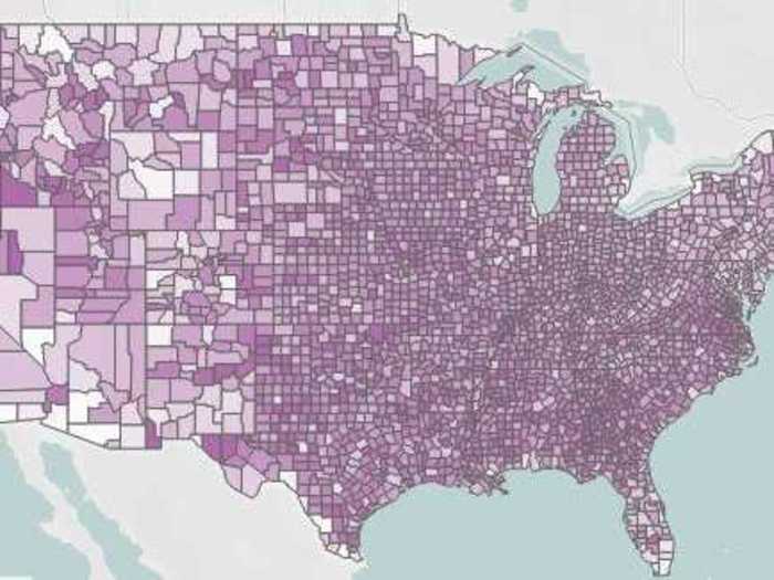 Cuebiq also maintains a dashboard for "mobility flows," which indicates the counties that have seen the most people arriving or departing from other counties. Dark purple indicates more arrivals.