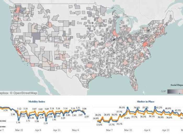 Cuebiq also created a social inequality tracker that shows disparities between mobility across poor neighborhoods and rich neighborhoods. Regions highlighted in orange have the highest disparity, while gray regions have less disparity in movement across income levels.