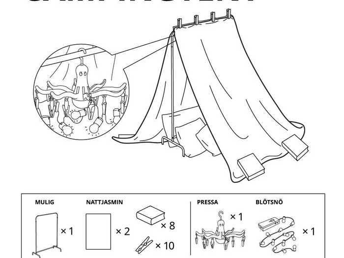 Cåmpingtent takes a more rustic, outdoorsy approach to the fort by using a Mulig clothing rack. The inside, however, is elevated with an octopus-shaped hanging dryer and a string of lights.