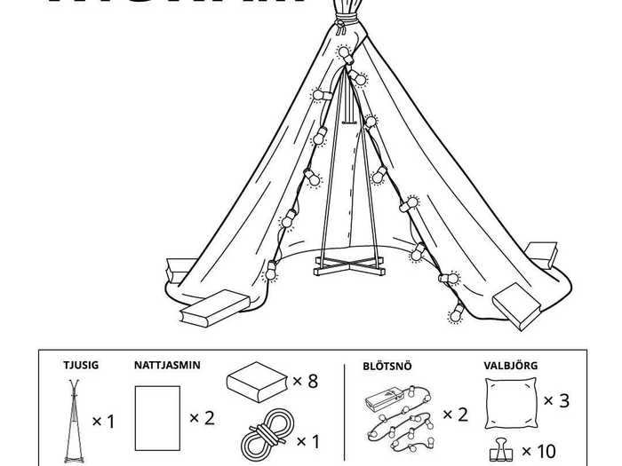 The Wigwåm is a teepee-shaped fort based around the Tjusig coat rack. A string of lights at the entrance adds a whimsical touch.