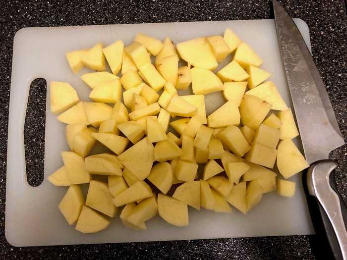 But back to the cooking. I peeled the two potatoes and began dicing them, noticing about half-way through that my pieces were looking a little… small.