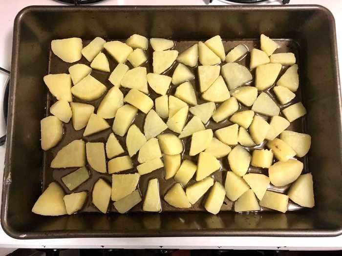 After the 15 minutes were up, it was time for the step I was most nervous about: transferring the potatoes into a pan with smoking hot oil.