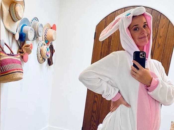 Perry embraced a comfortable look in a bunny onesie.