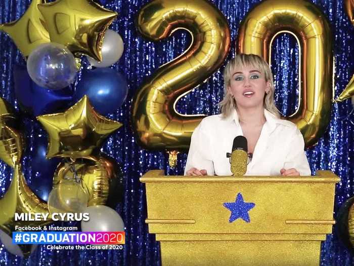 "Keep the faith, keep on moving, keep climbing," Miley Cyrus said, referencing her famous song "The Climb" in her address to the graduating class.