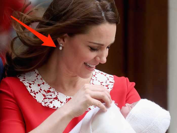 To debut her third royal baby to the world, Middleton wore pearl drop earrings belonging to the Queen.