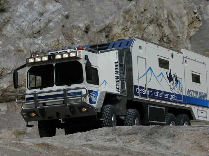 The Desert Challenger comes with a granite-floored bathroom that includes a shower, toilet, sink, and storage space, making it almost indistinguishable from a small bathroom in a non-mobile home.