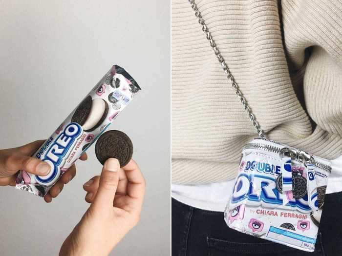 Here, the team used an Oreo wrapper as the material for a quilted crossbody bag.