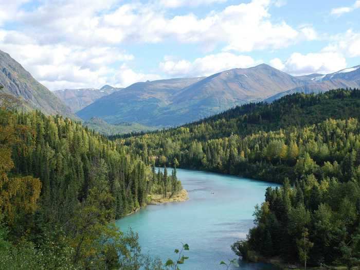 Kenai River in Alaska is known for its distinctive turquoise color and plentiful trout.