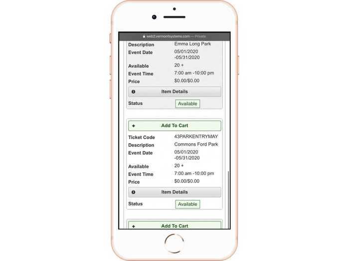 The site will then display a list of available tickets from each park. Tap or click add to cart on the park you want to reserve.