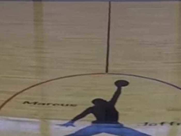 ... and the Jumpman logo at center court, which includes the names of his children — his daughter