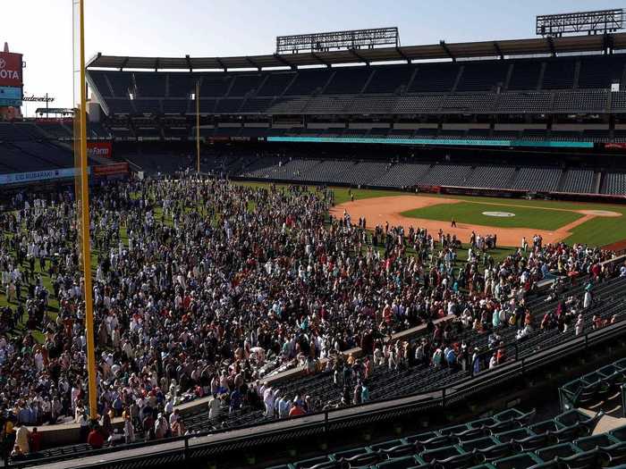 In the US, Muslims come together at Angel Stadium in Anaheim, California.