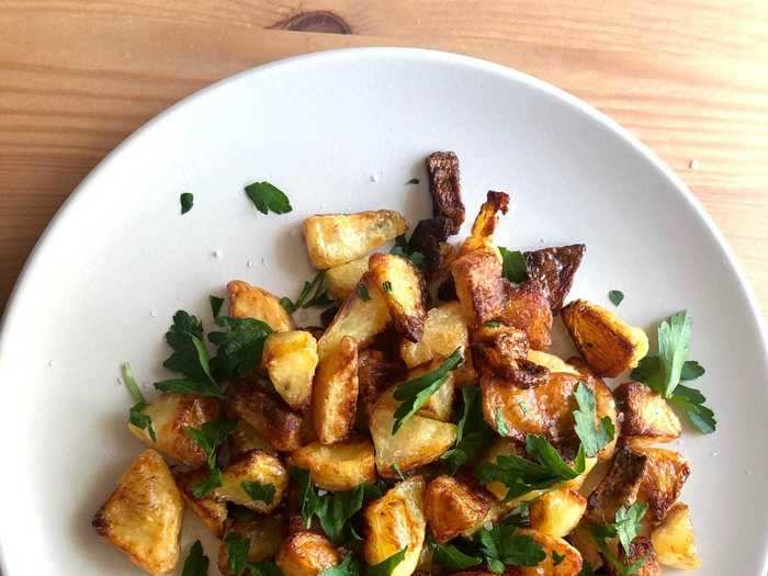 I then transferred the potatoes into a pan with smoking hot oil and popped them in the oven for 45 minutes. They came out beautifully golden (if I do say so myself).