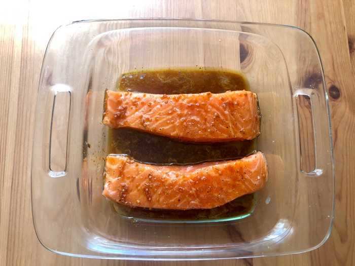 I sprinkled my salmon fillets with salt and pepper before evenly spooning the sauce over each and popping them into the oven for 15 minutes.