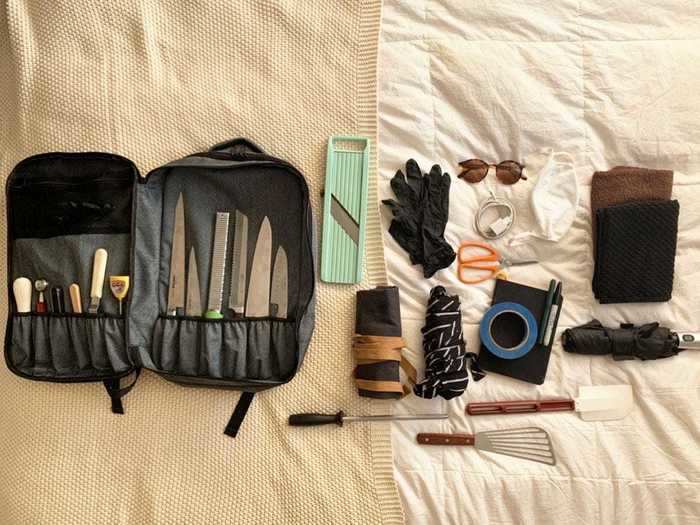 Next, he packs up his Messermeister Chef Backpack with an assortment of essential tools and tools that clients may not have — like an oyster shucker and melon baller — as well as sanitary gloves.