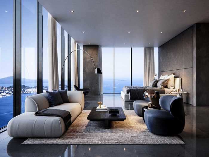 Plans for the 54th floor include a spa and sauna, five guest bedrooms, and a master bedroom with views for days.