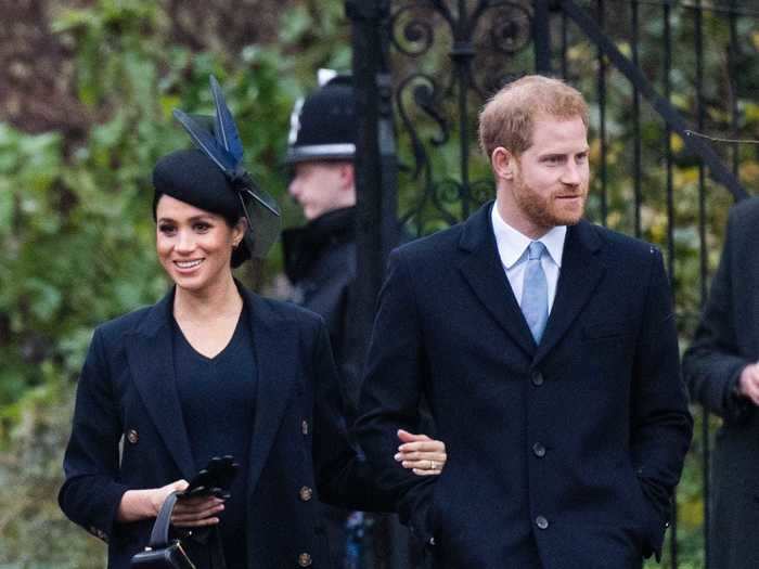 Markle wore an all-navy ensemble to attend the 2018 Christmas Day church service with the rest of the royal family.