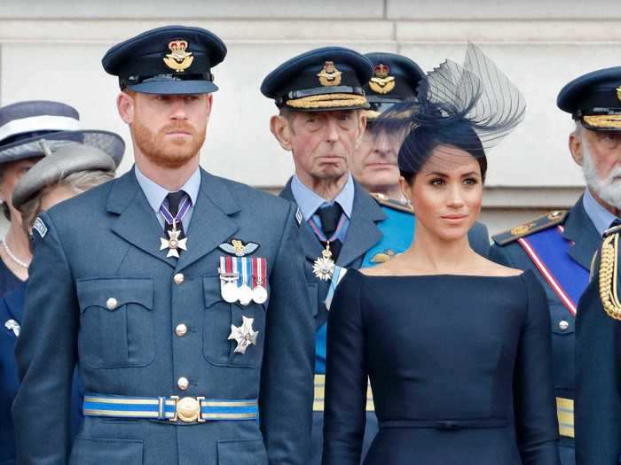 In July 2018, Markle looked regal in blue at a ceremony in honor of the 100th anniversary of the British Royal Air Force.