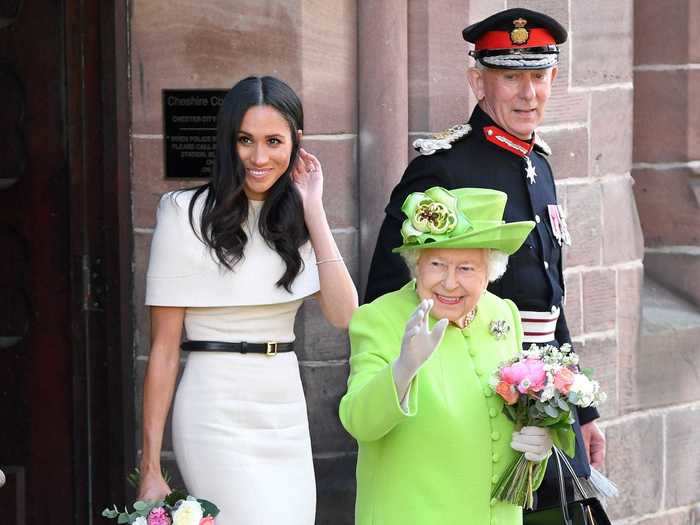 Markle turned to her trusted designer, Givenchy, for her first official royal outing with Queen Elizabeth II in June 2018.