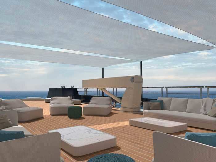 Its crane can lift up to about eight tons, and its main deck can transform into a huge covered lounge area.