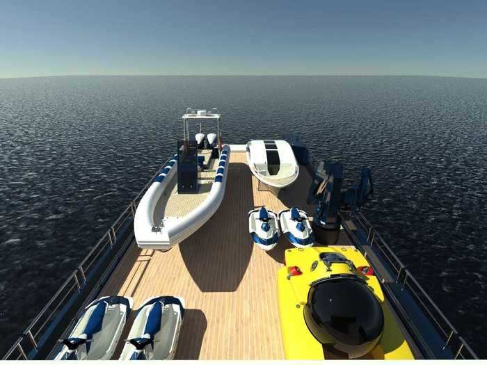 Renderings show that its main deck has room for multiple boats, several jet skis, and a submarine.