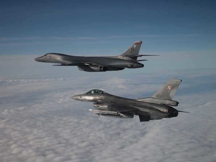 A B-1B from the 28th Bomb Wing at Ellsworth did a second long-range strategic bomber task force mission to Europe on May 11. With support from a KC-135 tanker, the bomber was able to make the flight, which included training with Danish F-16 and flying over Poland, Latvia, and Lithuania with Polish F-16s and MiG-29s.