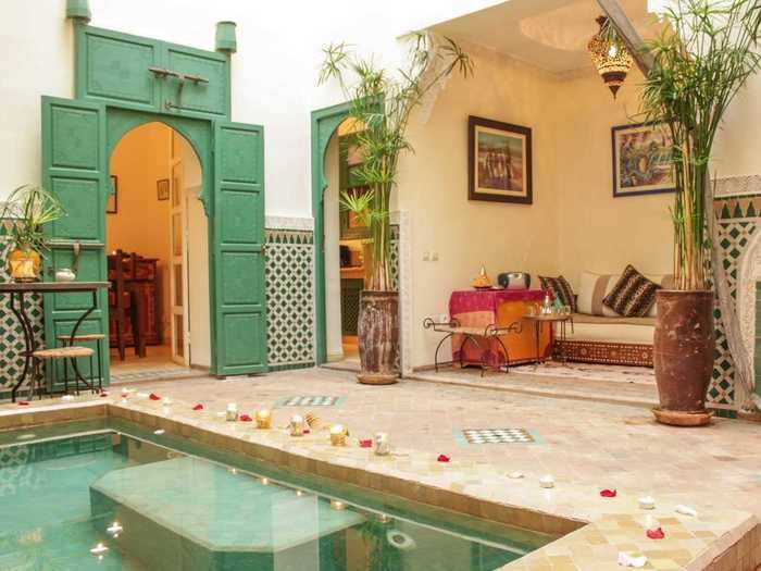 This three-bedroom riad in Marrakesh, Morocco, features a private courtyard with a pool, as well as a roof deck.