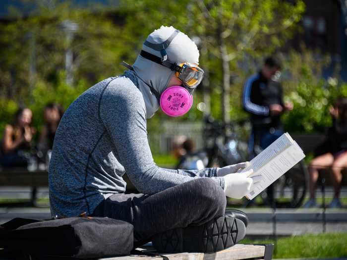 This park visitor brought their own goggle, gloves, and a gas mask.