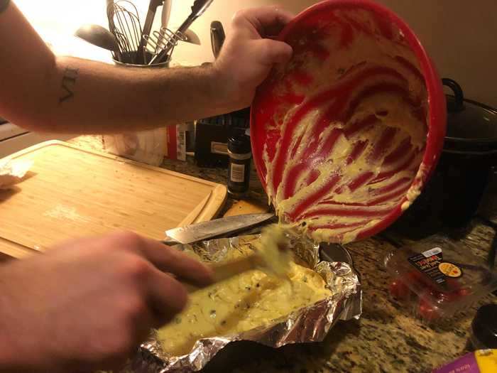 I poured the mixture into a loaf pan that I had lined with aluminum foil.