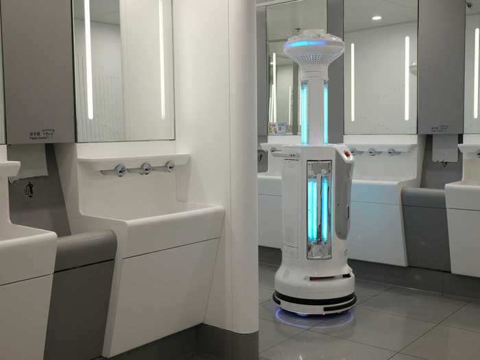 At the Hong Kong International airport, sanitation robots are being used to disinfect and kill the virus on frequently touched surfaces with ultraviolet light.