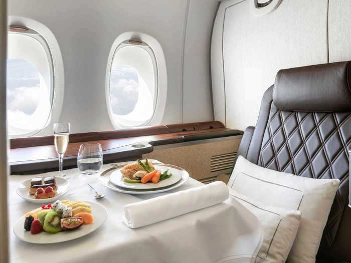 The A380 comes with 12 extravagant first-class suites complete with lie-flat seats and closeable doors for privacy.