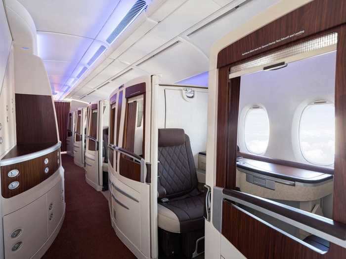 The most unique holdover from Singapore Airlines, however, is the opulent first-class section on the lower deck.
