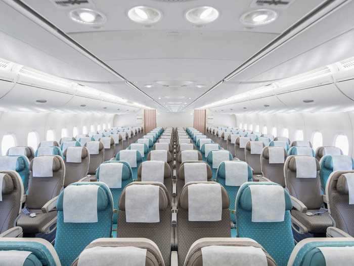 The lower level of the A380 holds the majority of the seats, with the economy class configured in a standard 3-4-3 configuration and a 12-seat first-class section in the first four rows.