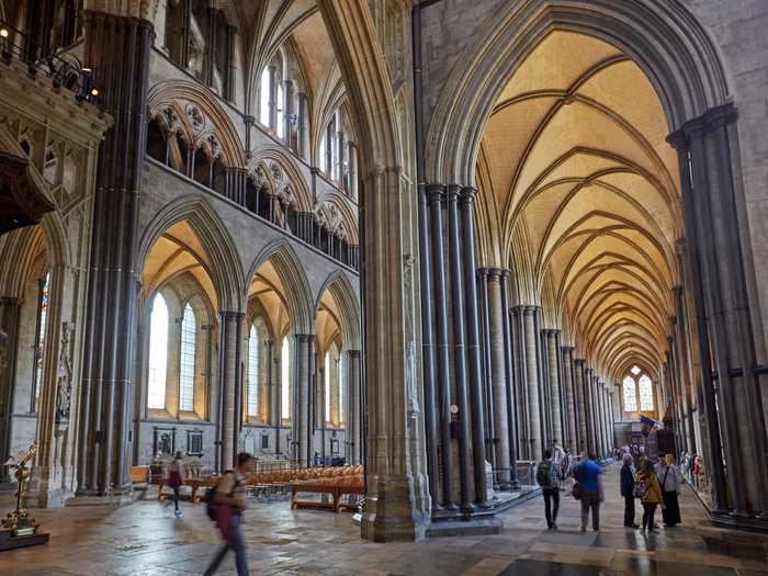 Salisbury Cathedral in the UK was built between 1220 and 1258. The first foundation stone was laid by Bishop Roger Poore.