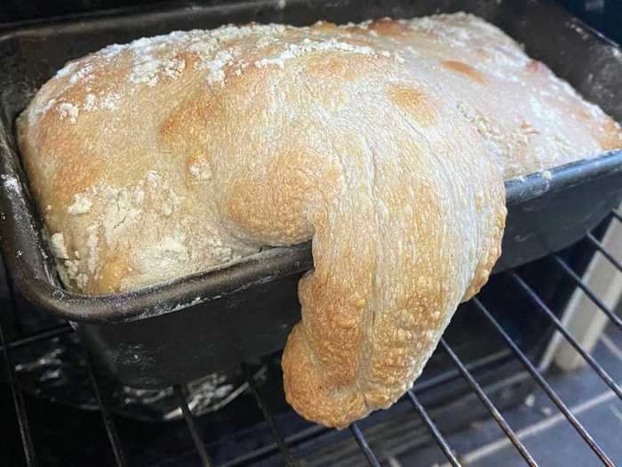 This loaf of sourdough also found an escape route out of its pan.