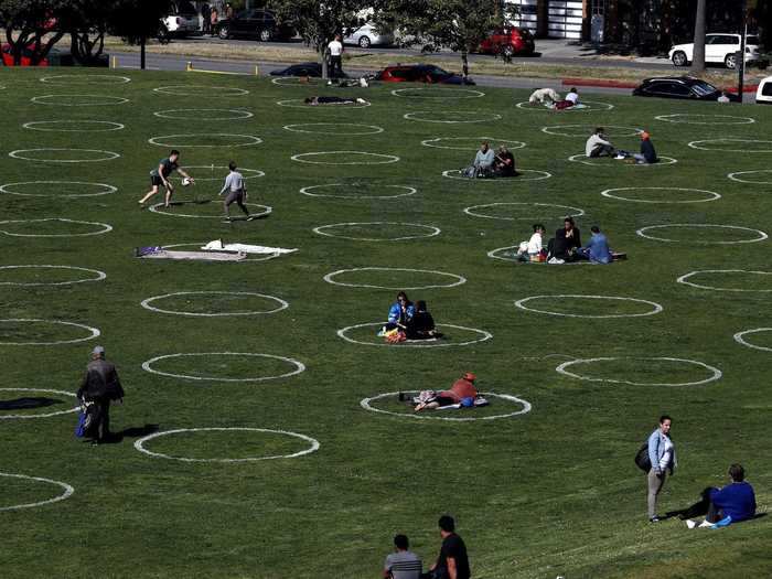 In San Francisco, the Recreation and Parks Department drew the circles on Wednesday and Thursday in several city parks to make social distancing easier.