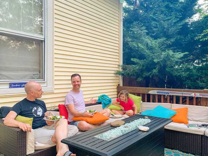 Between 5 and 6 p.m., the family concludes their workday and meets out on the deck.