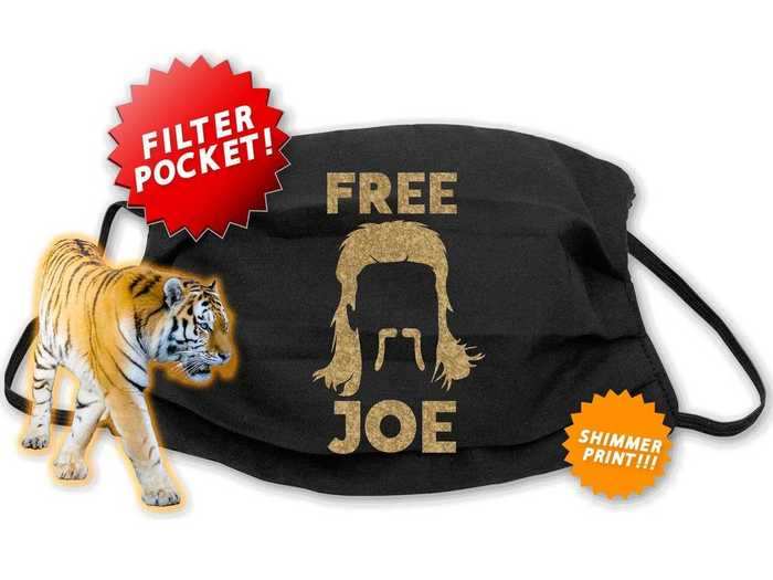 This "Tiger King" face mask features "Free Joe" in a gold shimmery print.