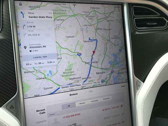 The Tesla infotainment system, which runs on a massive central touchscreen, can use its GPS navigation to plot a course, "island hopping" from Supercharger to Supercharger — that