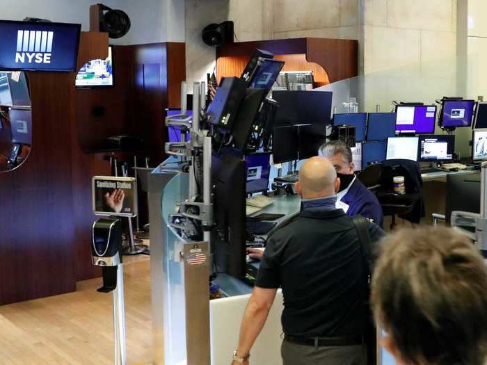 Sanitizing stations are spread out across the floor to ensure traders are keeping their hands and surfaces clean.