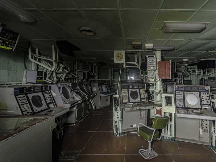 Some of the rooms, like the combat information center below, still contained equipment left by the French navy.