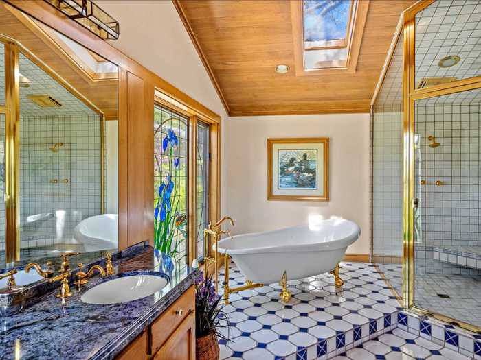 ... and a bathroom with a walk-in shower, a separate soaking tub, and a skylight.