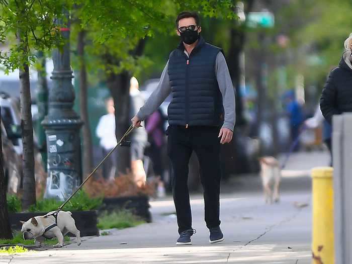 Hugh Jackman was spotted walking his dog in the SoHo neighborhood of New York City.