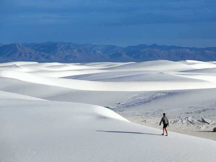 White Sands National Monument in New Mexico consists of gleaming gypsum sand dunes.