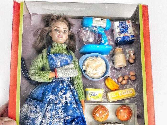 One doll, for example, depicts Barbie covered in flour after trying to bake bread.